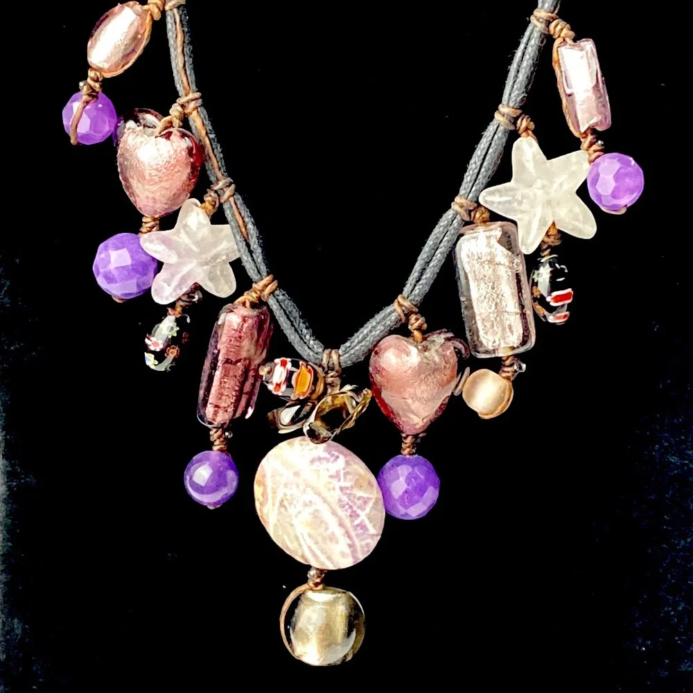 Corded braided dichroic glass polished stone w faceted Millefiori beads necklace